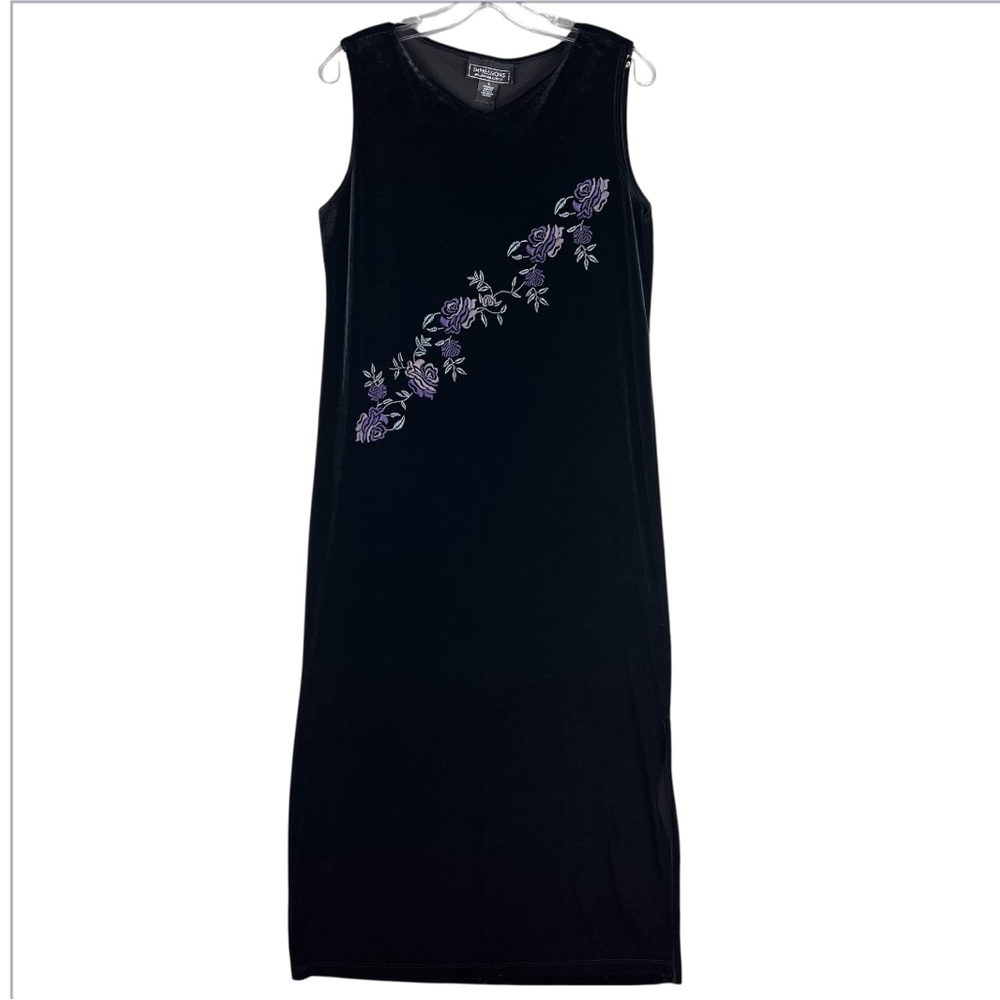 Vintage Whimsigoth Velvet Black Maxi Dress Large/Med Witchy Gothic Romantic Rose